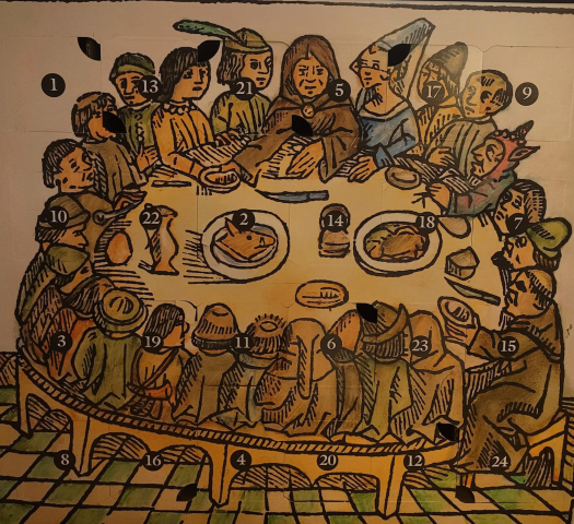 oude tekening van een tafel met bierdrinkende monniken