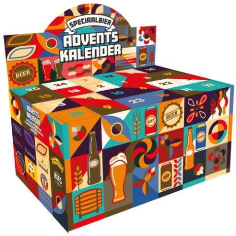 Kleurige verpakking met aan de bovenkant 24 cijfers voor de vakjes waar een biertje in zit