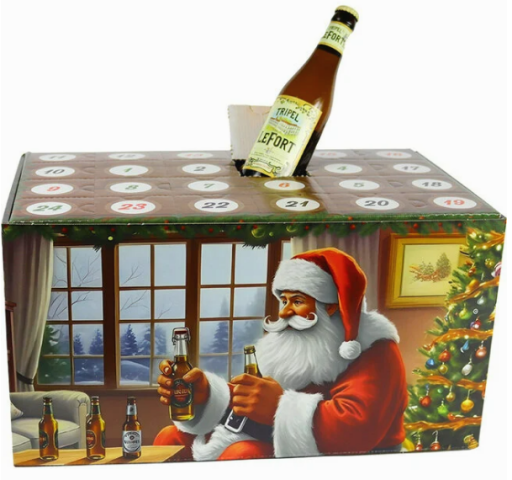 Speciaalbierpakket Bier Adventskalenders met een kerstman op de doos en een bierflesje dat er uit steekt