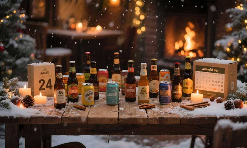 Bierpakketten en bieren op tafel in een kerst setting