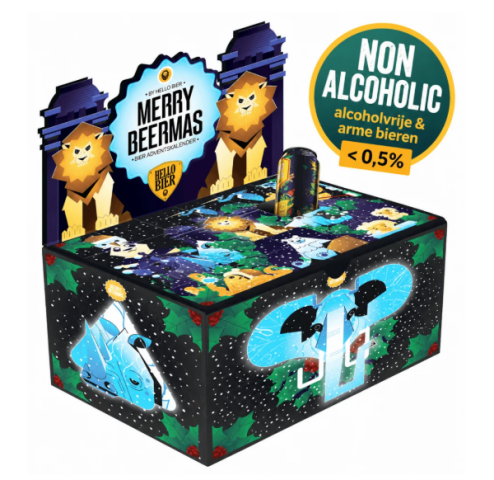 Displaydoos van Merry Beermas 2026 alcoholvrije en alcoholarme bieren met winterse illustraties en leeuwen.