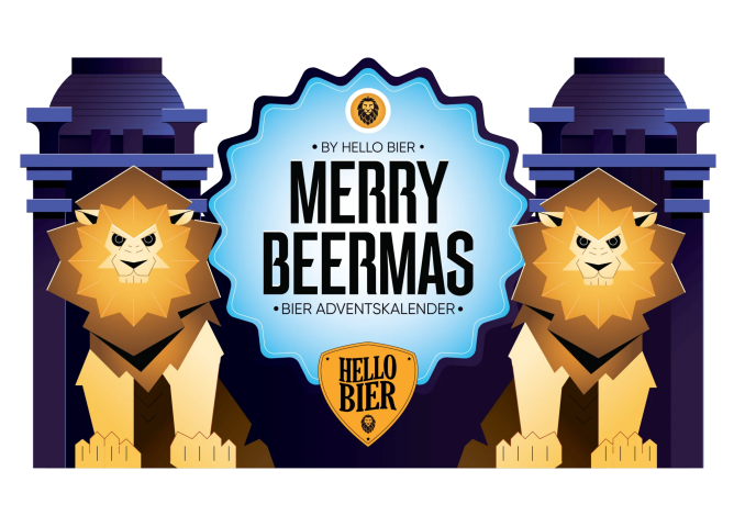 Illustratie van Merry Beermas bier adventskalender met twee leeuwen en Hello Bier-logo.