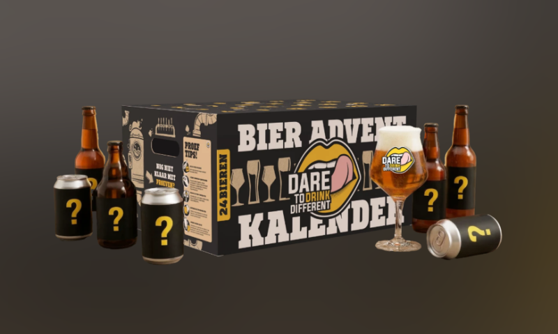 Bier adventskalender van Dare to Drink Different met bierglas, flesjes en blikjes met vraagtekens.
