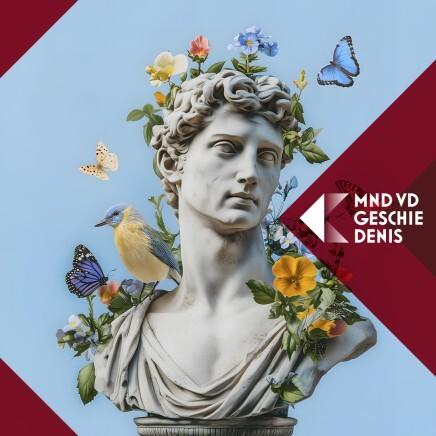 Beeld van een klassiek standbeeld omringd door bloemen, vlinders en een vogel, tegen een heldere blauwe achtergrond.