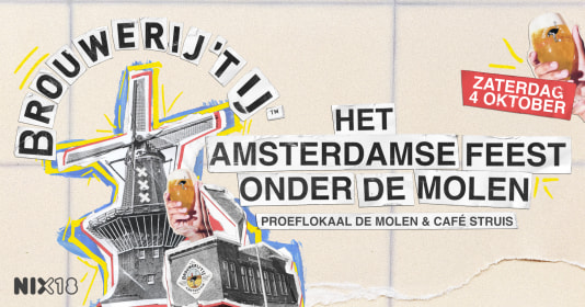Promotionele afbeelding van het Amsterdamse feest onder de molen met bierglazen en een historische molen op de achtergrond.