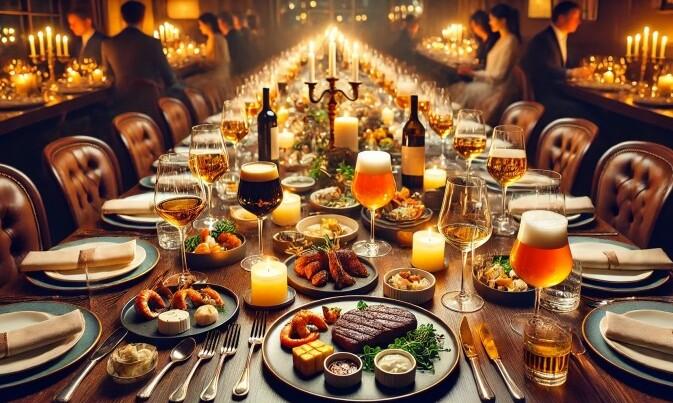 Sfeervolle tafel met bier, wijn en eten