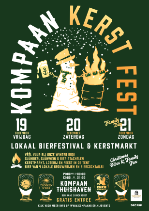 Affiche van het Kompaan Kerst Fest met data 19, 20 en 21 december, illustraties van een sneeuwpop met bier en informatie over het lokale bierfestival en de kerstmarkt.
