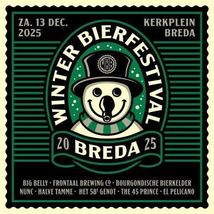 Grafische poster van het Winter Bierfestival Breda 2025 met sneeuwpoplogo, datum 13 december en locatie Kerkplein Breda