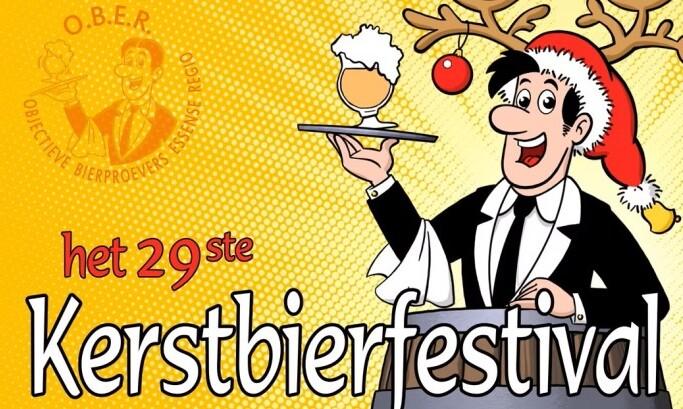 Cartoonafbeelding van een vrolijke ober met rendiergewei en kerstmuts die een bierglas serveert, met de tekst ‘het 29ste Kerstbierfestival’