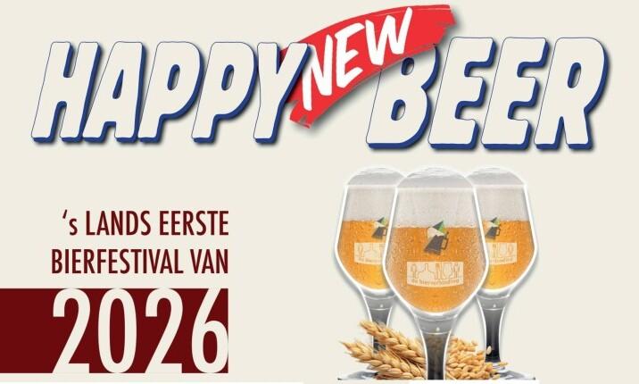 Promotieafbeelding voor Happy New Beer, het eerste bierfestival van 2026, met drie bierglazen en graan