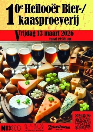Poster van de 10e Heilooër bier- en kaasproeverij met verschillende speciaalbieren en kazen, vrijdag 13 maart 2026