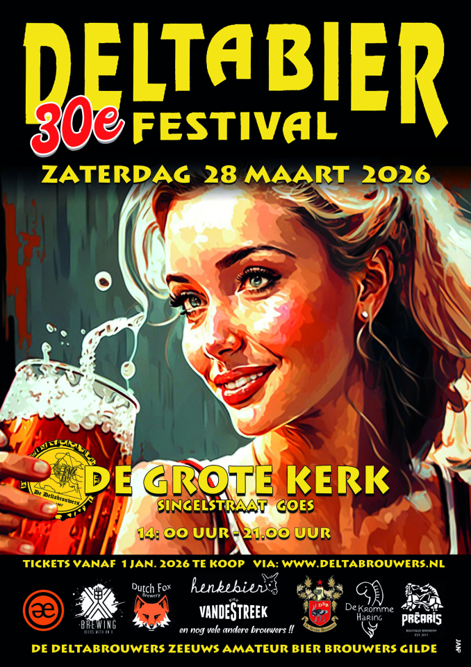 Poster van het 30e Deltabier Festival met een vrouw die een glas bier vasthoudt, zaterdag 28 maart 2026 in De Grote Kerk in Goes