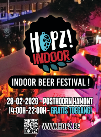 Hopz! Indoor bierfestival poster met evenement details en kleurrijke achtergrond.
