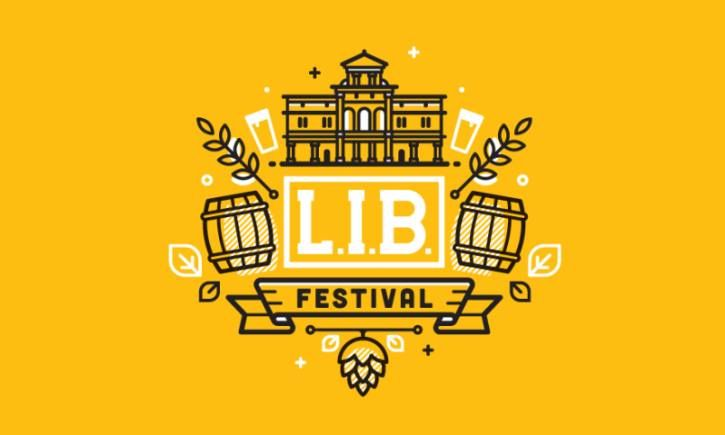 Geel affiche met symbolen van een gebouw, biervaten en LIB Festival tekst.