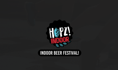 Logo van Hopz! Indoor met tekst 'Indoor Beer Festival!' op een donkere achtergrond.