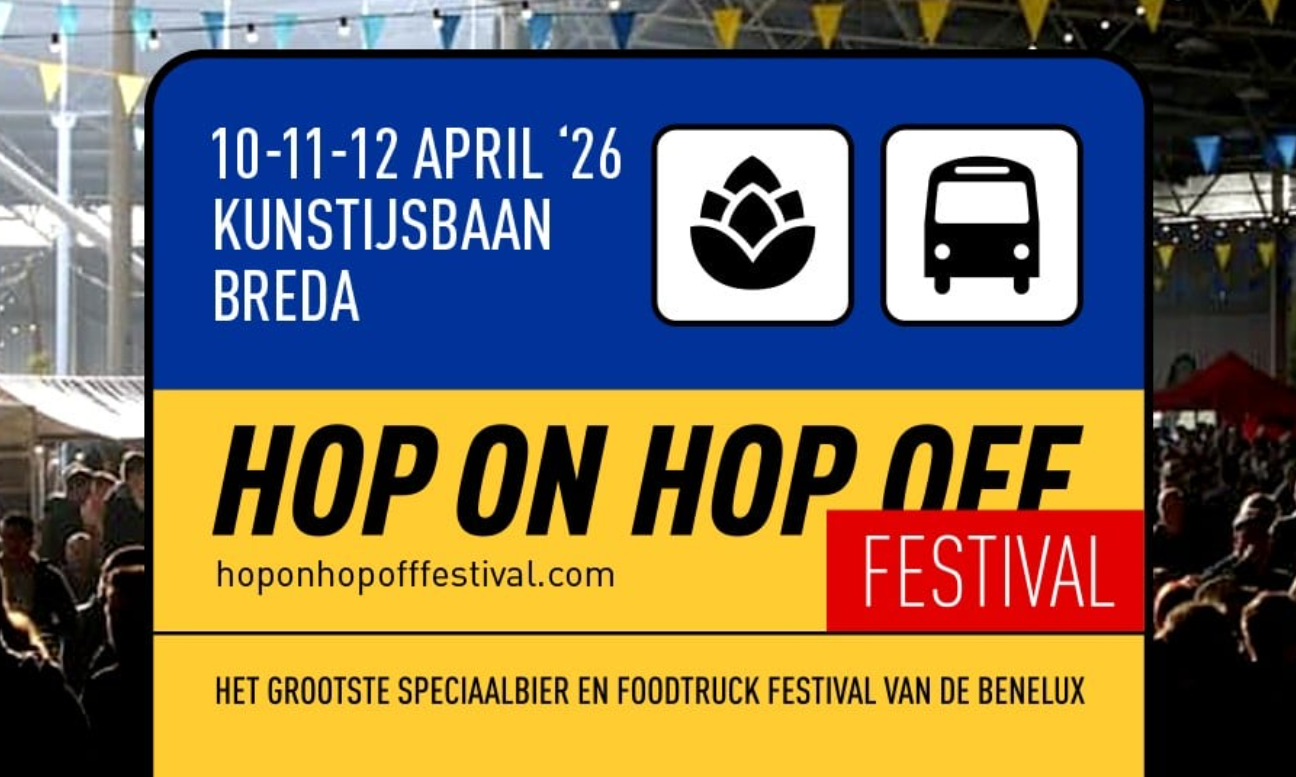 Poster van het Hop On Hop Off Festival 2026 in Breda met datums en locatie.