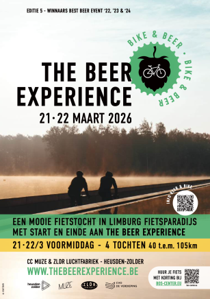 Fietsers op een houten brug bij zonsopkomst, met tekst over The Beer Experience 2026.