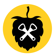 Logo met hopbel en gekruiste flesopeners op gele achtergrond.