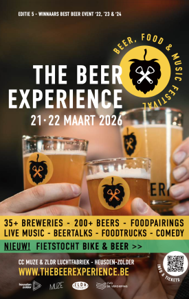 Vier glazen bier worden vastgehouden, met het logo van The Beer Experience 2026 en informatie over het evenement.