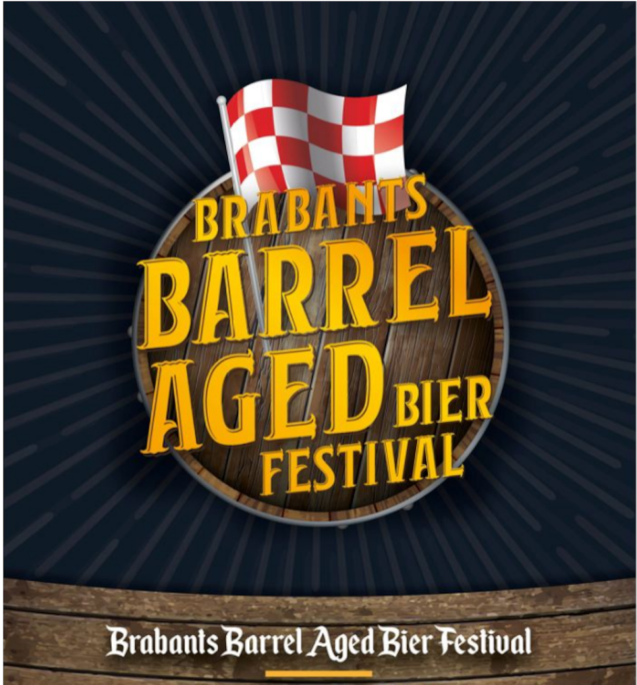 Logo van het Brabants Barrel Aged Bierfestival met een houten vat en geruite vlag.