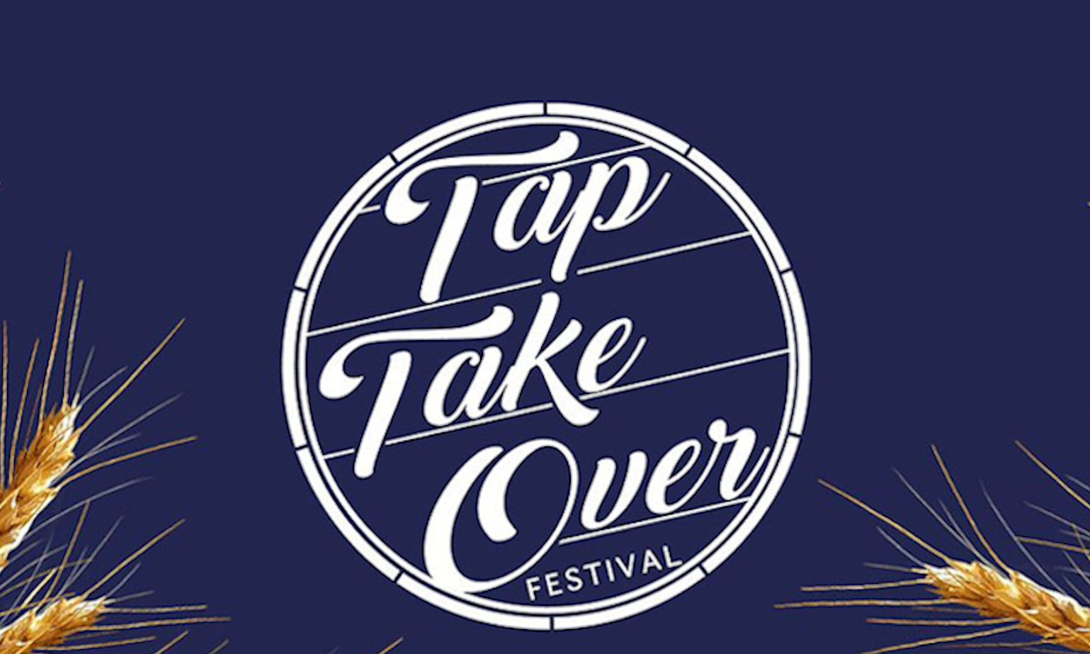 Logo van Tap Take Over Festival tegen een donkerblauwe achtergrond met tarwe in de hoeken.
