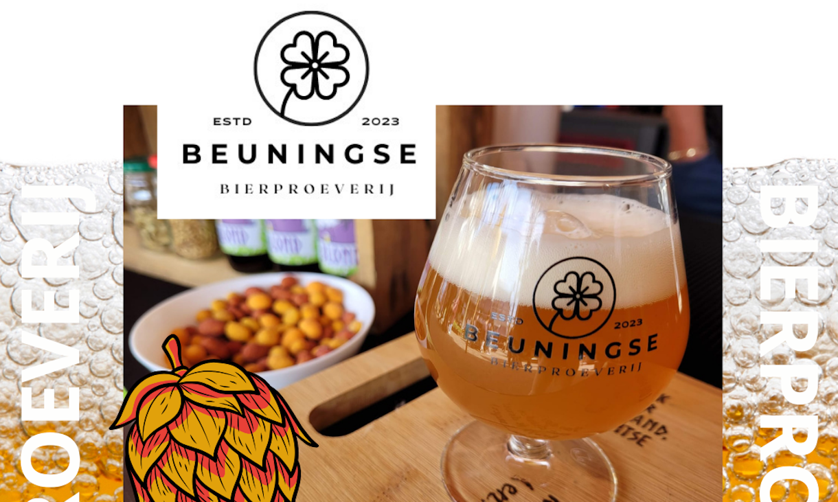Glas Beuningse Bierproeverij bier op houten tafel met snacks en logo.