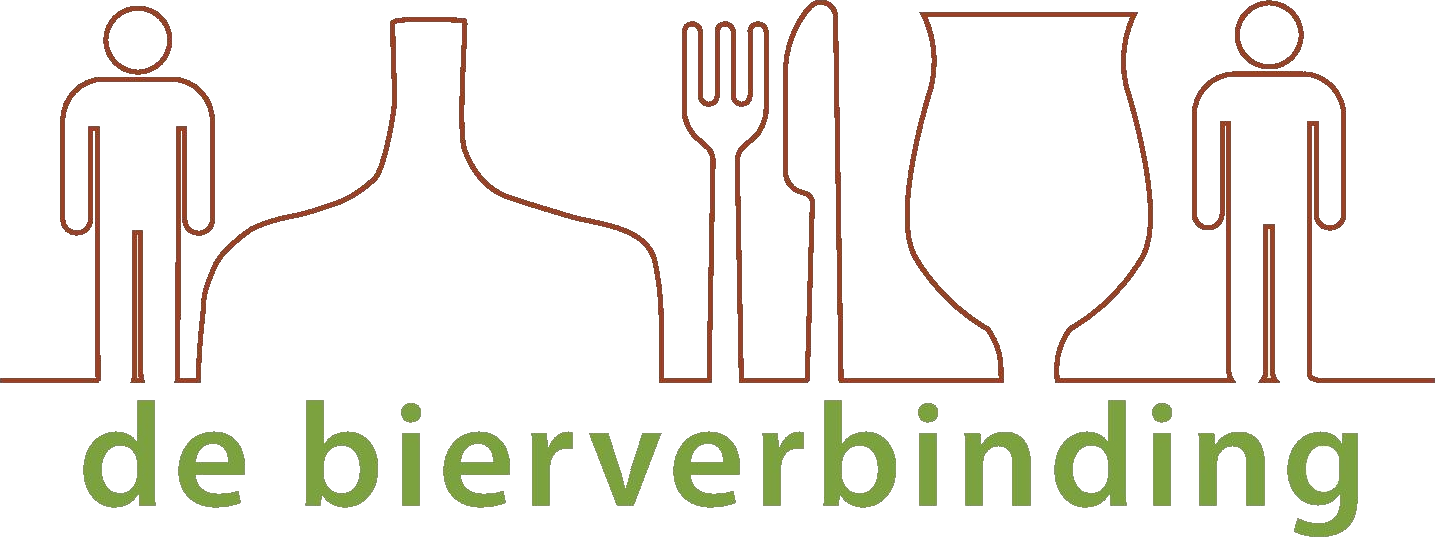 Lijntekening van fles, bestek en glas met tekst 'bierverbinding'.