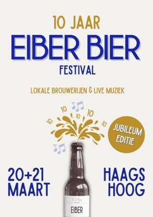 Poster voor het 10-jarig jubileum van Eiber Bier Festival met fles, datum en locatie.