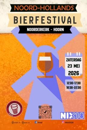Poster van het Noord-Hollands Bierfestival 2026 met een glas bier en informatie over het evenement.