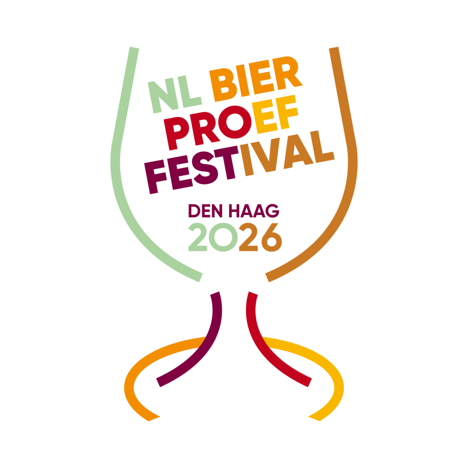 Logo van het Nederlands Bierproeffestival 2026 in Den Haag met een glazen silhouette en kleurrijke letters.