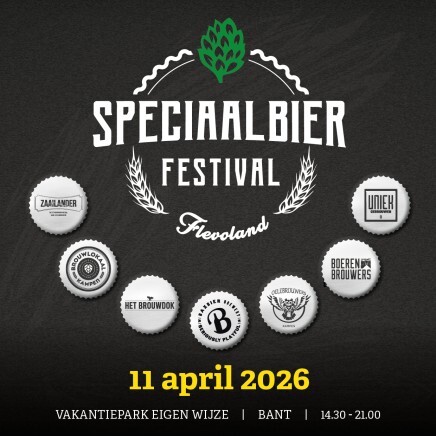 Logo's van brouwerijen voor Speciaalbier Festival Flevoland met datum en locatie details.