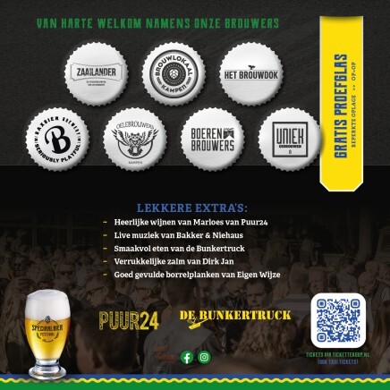Speciaalbier Festival Flevoland poster met bierdopjes en informatie over brouwers en extra's.