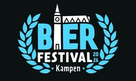 Logo van Bierfestival Kampen 2026 met blauwe tekst en symbolen.