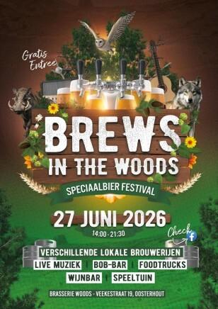 Poster voor Brews in the Woods 2026 met bierkranen, dieren en evenementinformatie.