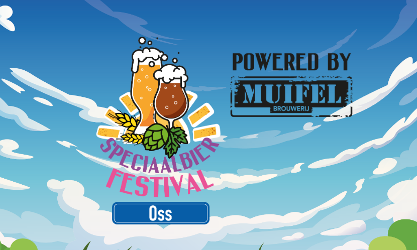 Illustratie van speciaalbier glazen met schuimkraag en tekst 'Speciaalbier Festival' tegen blauwe lucht.