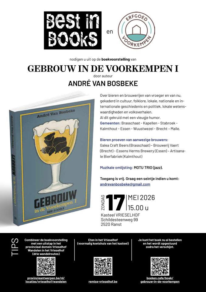 Boekvoorstelling Gebrouw in de Voorkempen door André Van Bosbeke met details over het evenement.