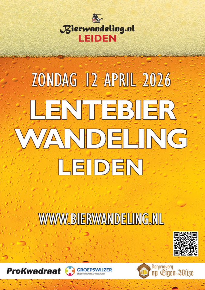 Poster voor de Lentebierwandeling Leiden op 12 april 2026 met een bierbel achtergrond.