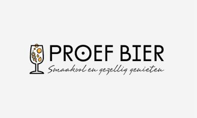 Logo van Proef Bier met slogan 'Smaakvol en gezellig genieten' op een witte achtergrond.