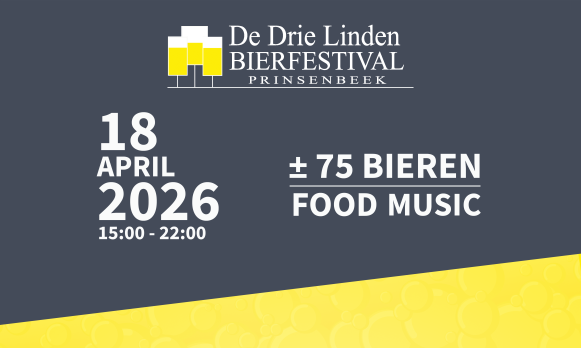 Flyer voor De Drie Linden Bierfestival Prinsenbeek op 18 april 2026.