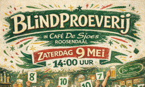 Poster voor het Roosendaals Kampioenschap Blindproeven met mensen die bier proeven.