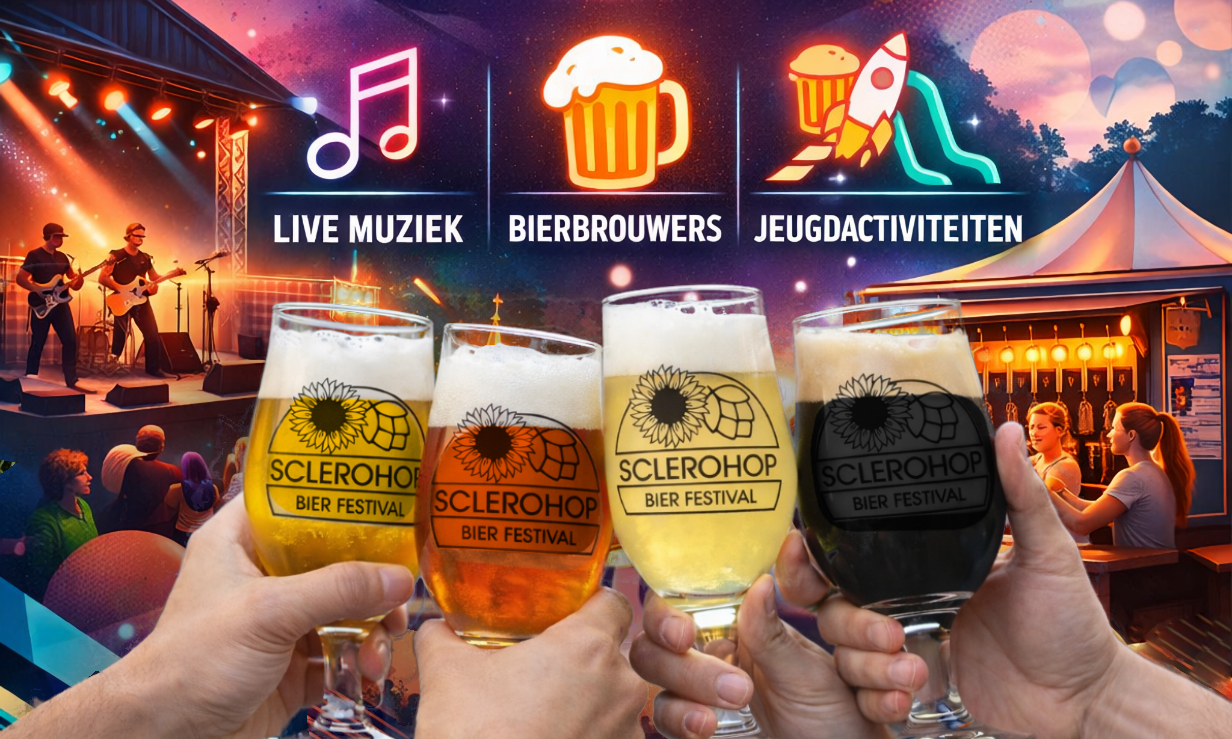 Vrienden toosten met bierglazen op ScleroHop Bier Festival met een podium op de achtergrond.