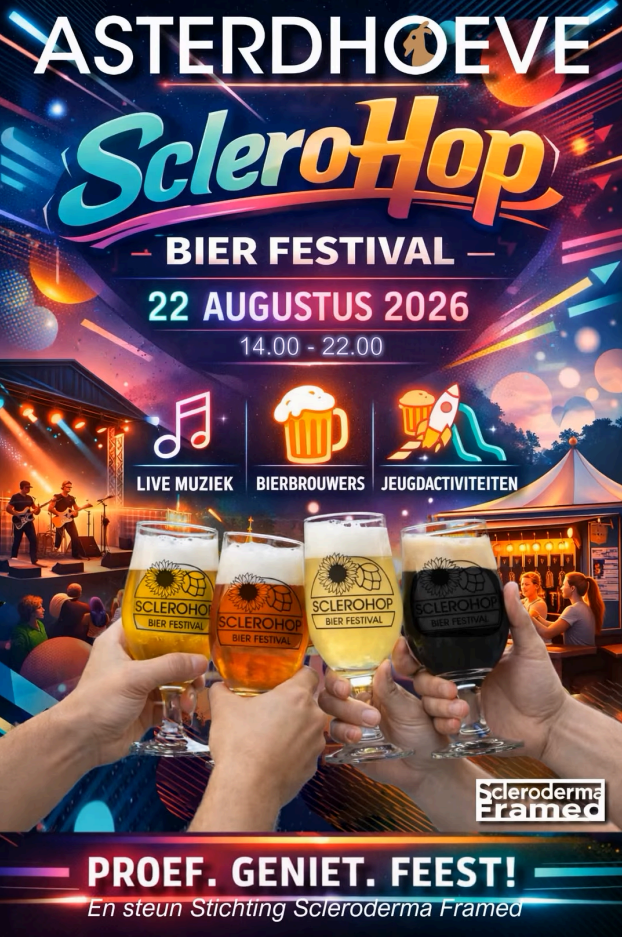 Poster voor het ScleroHop Bier Festival 2026 met details over datum, tijd en activiteiten.