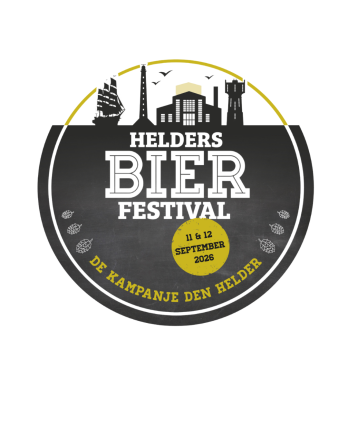 Rond logo van Helders Bier Festival 2026 met iconen van gebouwen en schepen.