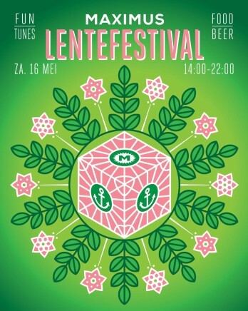 Poster voor Maximus Lentefestival met planten en bloemen op een groene achtergrond.