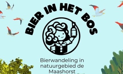 Logo van Bier in het bos met illustratie van persoon en bomen, vogels erboven.