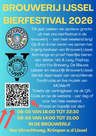 Aankondiging van het Brouwerij IJssel Bierfestival 2026 met logo's, tekst en een QR-code.