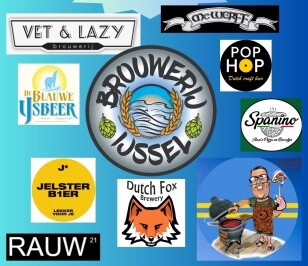 Logo's van verschillende brouwerijen rondom het logo van Brouwerij IJssel.