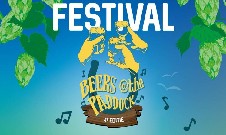 Illustratie van Beers @ the Paddock 2026 festival met hopbellen en muzieknoten.