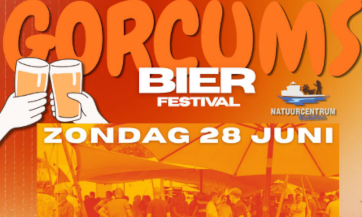 Promotieposter voor Gorcums Bierfestival op zondag 28 juni met feestelijke kleuren en iconen.