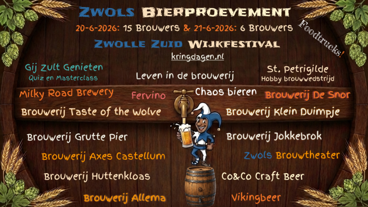 Festival poster voor het Zwolle Zuid Wijkfestival 2026 met bierbrouwerijen en activiteiten.